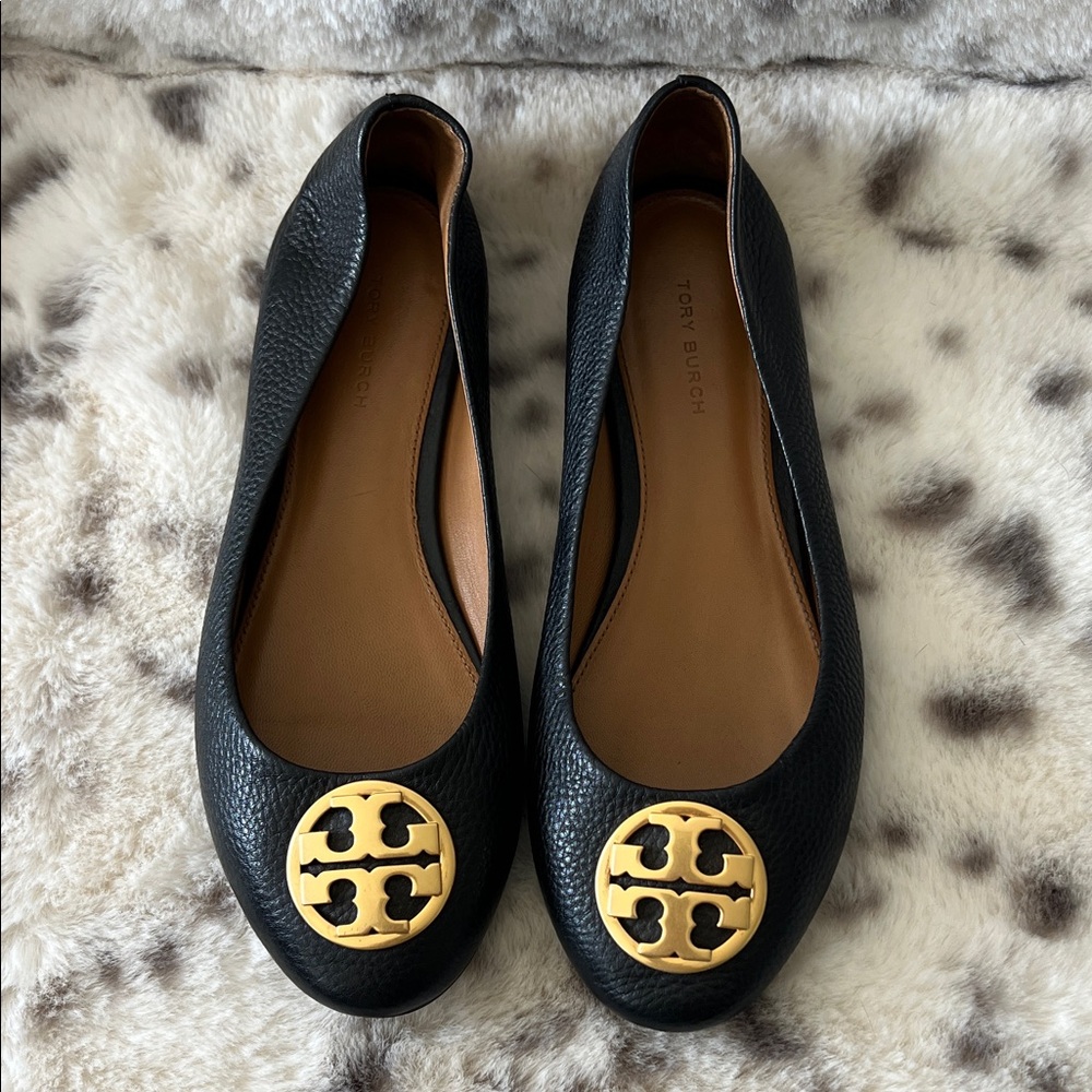 Tory Burch Black Flats with Gold Logo